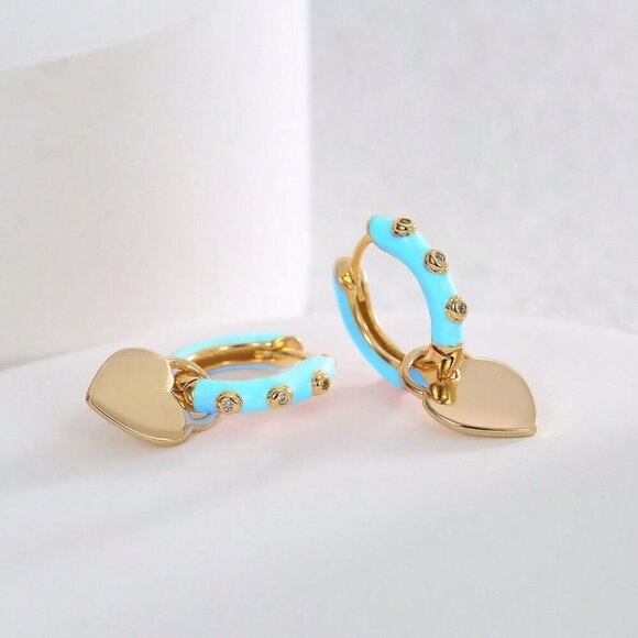 Blue Elegant Women's Glamorous Heart Shaped Hoop  Earrings - Picture 3 of 4
